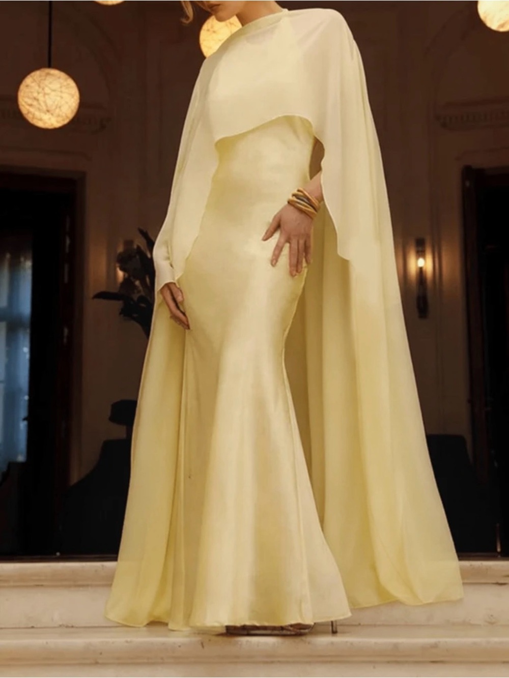 Amazon Pale Yellow Cape-Back Satin Maxi Dress